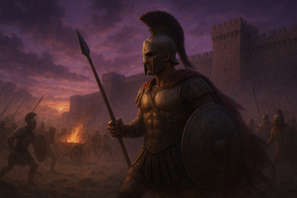 kampfszene trojanischer krieg lilafarbener himmel